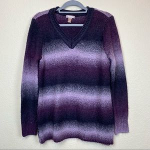 White sag ombre purple v neck sweater